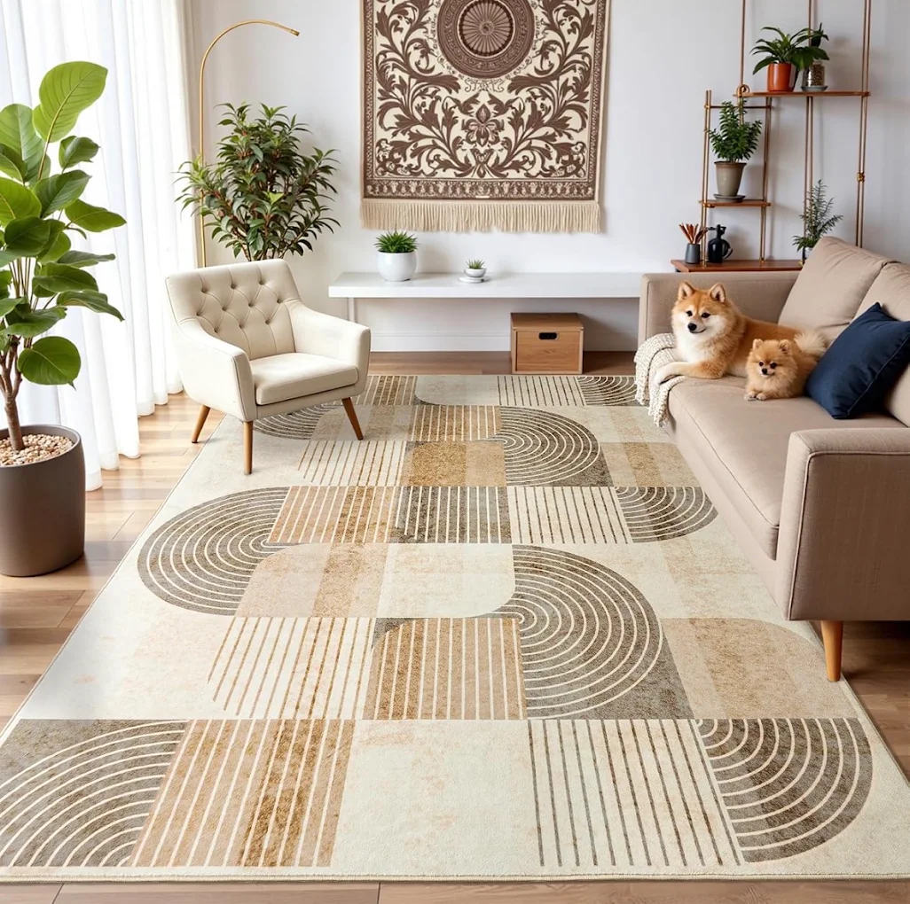 Cream and beige carpet with curved geometric patterns in a sunlit living room